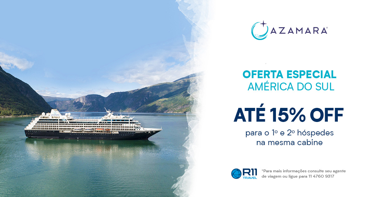 Banner de oferta especial de até 15% OFF em viagens com a Azamara para a América do Sul