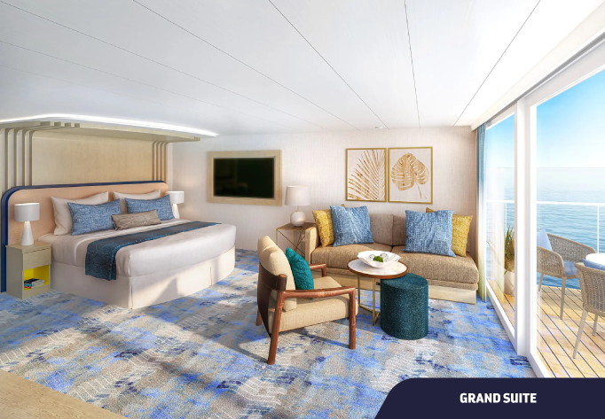 Foto de Cabine Grand Suite com cama, sofá, poltrona e varanda com vista para o mar