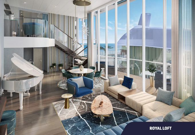 Foto da cabine Royal Loft com Mesa redonda, sofá, poltrona, dois andares, piano e vista para o Swin & Tonic