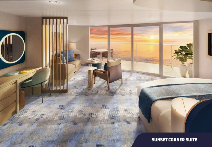Foto de Sunset Corner Suite com cama, poltrona, escrivaninha e varanda com vista para o mar